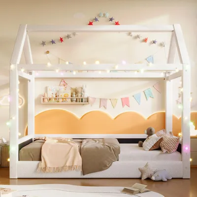 Produktbild von Flieks Kinderbett Hausbett 90x200cm mit LED-Lichtleisten, Polsterbett Bodenbett mit Rausfallschutz, Einzelbett Gepolstertes Tagesbett, Leinen, Beige