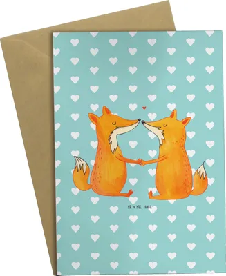Produktbild von Mr. & Mrs. Panda Grußkarte Füchse Liebe - Türkis Pastell - Geschenk, Fuchs, Fox, weihnachtskarten, Ehemann, Freundin, einladungskarten, osterkarte, Grußkarten