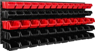Obrázek produktu pro Skladovací systém Dílenské regály | 115 x 39 cm | 61 ks. Box | Nástěnný regál se stohovatelnými boxy - Nástěnné desky Extra silné regály s přihrádkami Nástěnné regály pro nářadí Skladové regály Garážové regály