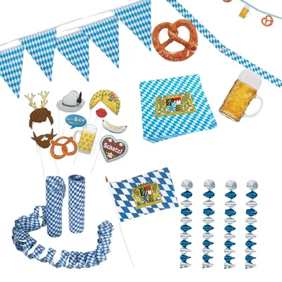 Produktbild von Deko Set 20-teilig – Wiesn Party Deko mit Girlanden, Luftschlangen, Servietten & Fotobox-Props – bayerische Partydeko Blau-Weiß