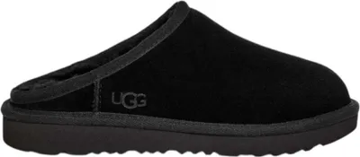 A black UGG slipper on a white background.