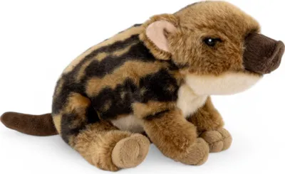A plush toy of a wild boar piglet sitting on a white background.
