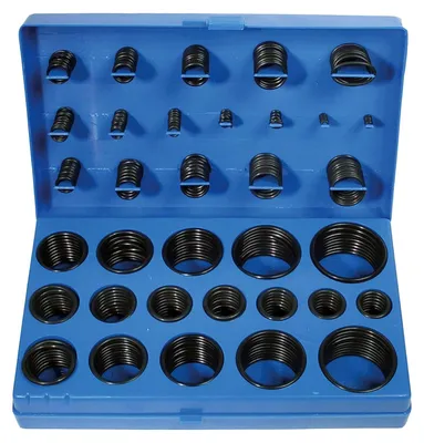 A blue plastic case filled with various sizes of black O-rings.
