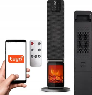 A smartphone displaying the Tuya app, a remote control, and a tall, black electric heater with a faux fireplace.