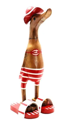 Produktbild von Deko Ente Holz Laufente Bikini Hut Badelatschen Gans Vogel Objekt Figur Skulptur