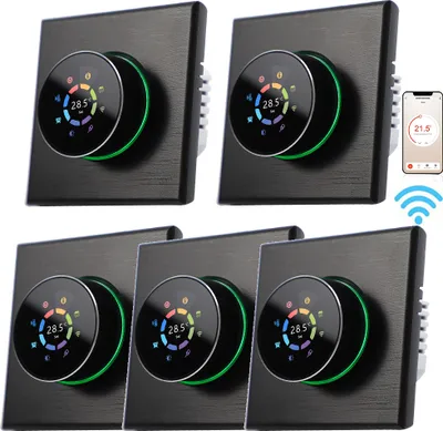 Obrázok produktu pre 5X WiFi termostat, digitálny LCD izbový termostat, programovateľný nástenný termostat na zapustenie, podlahové kúrenie pre ohrev teplej vody 5 A, ovládanie tlačidlami/mobilná aplikácia/hlasové ovládanie, vnútorný teplomer, čierny