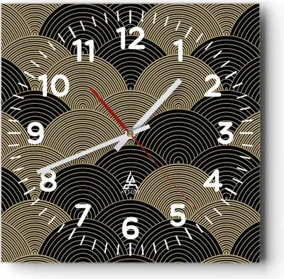 Produktbild von Wanduhr - Quadrat - Glasuhr - Schwarz und Gold Kreise Grafiken - 40x40cm - Schleichendes Uhrwerk - Lautlos - zum Aufhängen bereit - Dekoration Modern - Wanddekoration aus Glas - C4AC40x40-4880