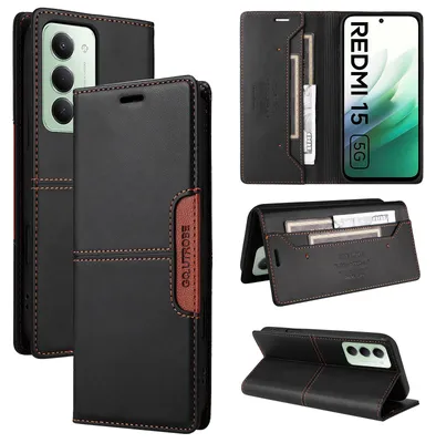 Image de Étui pour téléphone portable Xiaomi Redmi 15 5G/4G, étui à rabat en cuir avec compartiment pour cartes, support, étui de protection noir
