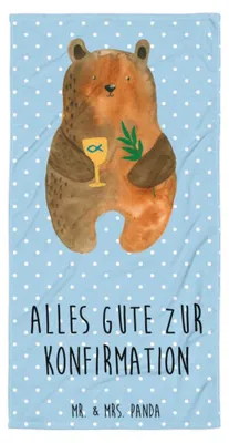 Produktbild von Mr. & Mrs. Panda Handtuch Bär Konfirmation - Blau Pastell - Geschenk, Evangelisch, Reisehandtuch, Duschtuch, Badehandtuch, Teddy, Großes, Strandtuch, Kirche, Gottesdienst
