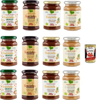 Produktbild von Rigoni di Asiago Nocciolata - Testpaket, 12x 250g, Haselnusscreme ohne Palmöl, Nuss Nougat Creme ohne Palmöl, Leckerer Brotaufstrich + Italian Gourmet polpa 400g