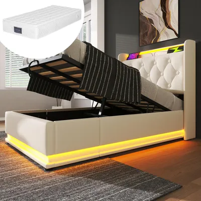 Produktbild von Polsterbett einzelbett, 360-Surround-LED-Funktion, Drucktaste/App/Fernbedienung, 90*200 cm, weiß PolyurethanMaterial Hydraulisches Lagerbett