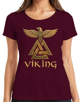 Obrázek produktu pro Tričko s motivem "Valknut", "Rabe", "Odin", "Nordická mytologie", "Válečník", "Valhalla", dámské, barva: vínová, velikost: L