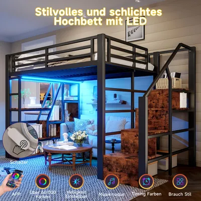 Obrázek produktu pro okwish Patrová postel 140x200 Kovová postel s železným rámem a integrovanými stupni, Dětská postel s LED a ochranou žebříku, bez matrace, černá