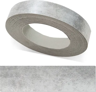 A roll of decorative edge banding with a concrete/stone pattern, shown with a close-up of the pattern below.