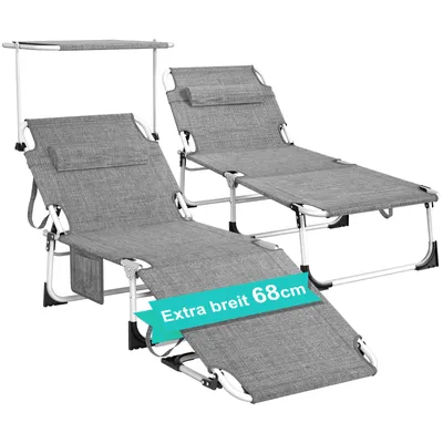 Produktbild von 2er Sonnenliege klappbar mit Dach, Gartenliege, Liegestuhl mit Verstellbarer Rückenlehne & Kopfkissen, Campingliege für Strand,Pool & Garten, Grau