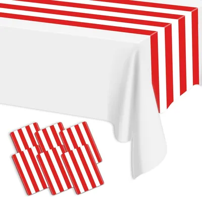 Produktbild von 6 Stück Tischläufer in Rot und Weiß gestreift, 35 x 275 cm, aus Kunststoff, Einweg, für Tischdekoration bei Feiern