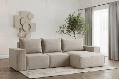 Produktbild von Ecksofa Designersofa ESTELLE in Stoff Poso Beige Ottomane Rechts