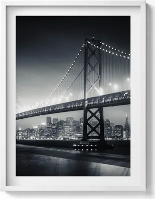 Produktbild von San Francisco Bridge bei Nacht– Wandbild mit Rahmen – Gerahmtes Bild  – Wanddekoration – 60x80 cm –  Weiß Rahmen