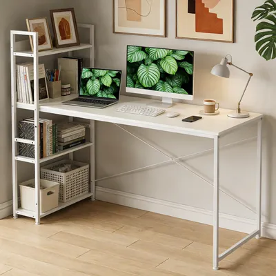 Image de Bureau d'ordinateur, grand plateau, structure métallique, adapté aux bureaux, salons, cabinets de travail et chambres à coucher, 140 x 60 cm, blanc.
