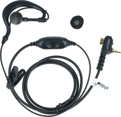 A black headset with an ear hook and a clip is laid out on a white background.