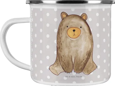 Produktbild von Mr. & Mrs. Panda Teetasse Bär sitzend - Grau Pastell - Geschenk, Teebecher, Campingbecher, Pott, Emaille Tasse, Emailletasse, Teddy