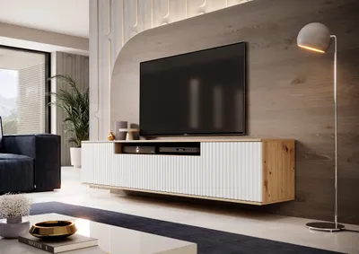 Produktbild von TV-Schrank 200 cm hängend, Fernsehtisch, Lowboard, Eiche Artisan, Weiße Lamellenfronten Capri Premium
