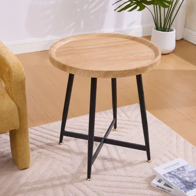 Imagen del producto de Mesa auxiliar redonda AIORBER, diámetro 55 cm, mesa de centro con aspecto de madera, estructura de metal, pequeña mesa para el salón, color madera natural