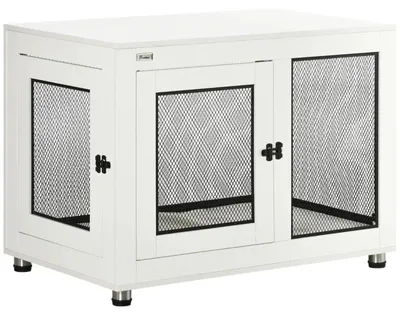 Zdjęcie produktu dla Klatka dla psa z dwoma drzwiczkami i miękką podkładką | Kolor: Biały | Wymiary: 94 x 60 x 71,5 cm