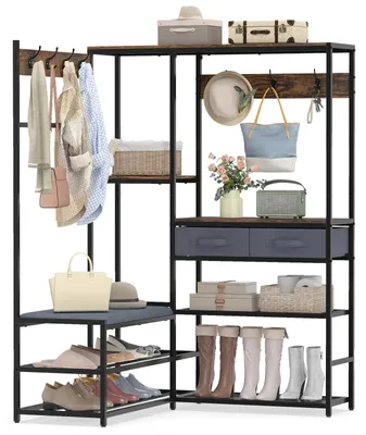 Immagine prodotto di COSTWAY Appendiabiti angolare con panca e scaffale per scarpe, appendiabiti angolare con 5 ripiani, 2 cassetti in tessuto e 7 ganci, appendiabiti, 107 x 99 x 152 cm