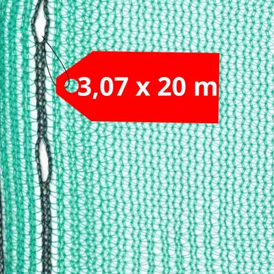 A close-up of green netting with a red tag indicating dimensions.