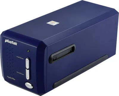 A blue Plustek OpticFilm 8100 Diascanner is shown from a three-quarter angle on a white background.