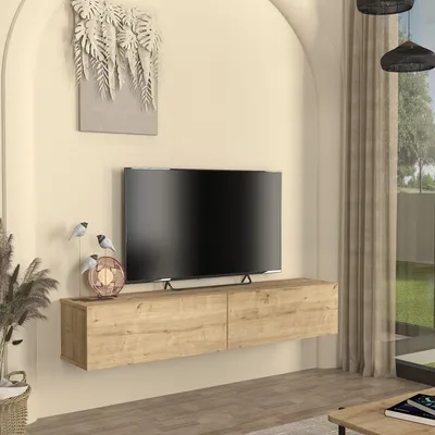 Image de Buffet TV suspendu 'Nolven' avec 2 portes rabattables 160 x 32 x 30 cm imitation chêne