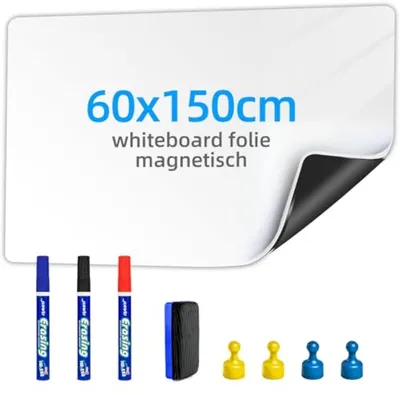 Produktbild von PromoHome® Magnetische Whiteboardfolie 60x150 cm – Selbstklebende Magnettafel, mit Markern, Radierer und Magneten, für glatte Oberflächen