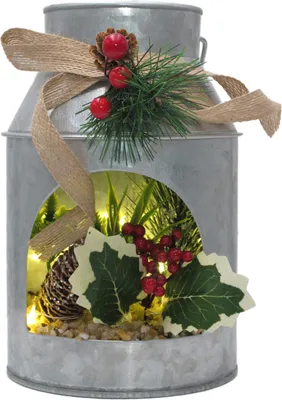 Produktbild von Deko-Milchkanne aus Metall, mit Herbstdekoration / Winterdekoration, LED beleuchtet, Ø 12,7 cm, 19,8 cm hoch