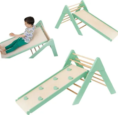 Produktbild von Kletterdreieck, Klettergerüst aus Holz für Kinder Sprossendreieck, Kinderrutsche | Grün