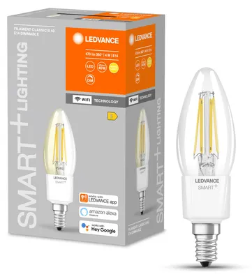 Produktbild von LEDVANCE SMART+ WiFi Filament Candle Dimmable, Intelligentes Leuchtmittel, WLAN, Transparent, Integrierte LED, E14, Warmweiß