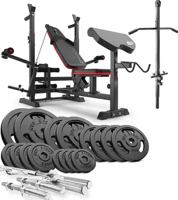 Produktbild von Hop-Sport multifunktionale Hantelbank HS-1075 - mit Curlpult & Latzugturm- inkl. 116 KG Gusseisen Hantelset Lang-, Curl- & Kurzhantelstange, Gewichte