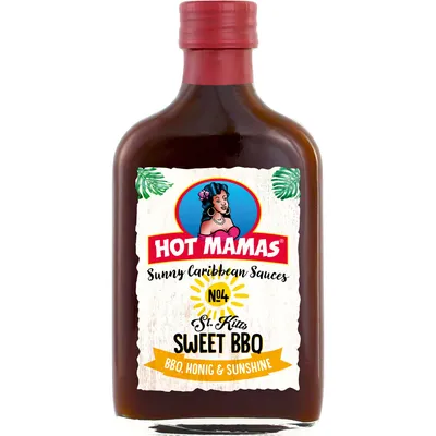 Verpackungsbild HOT MAMAS Sunny Caribbean Sauces St. Kitts Sweet BBQ Flasche 195ml