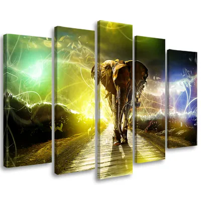 Produktbild von 5-teiliges leinwandbild elefant tier straßensturm 150x100 cm Feeby farbe wandbild bereit zum aufhängen