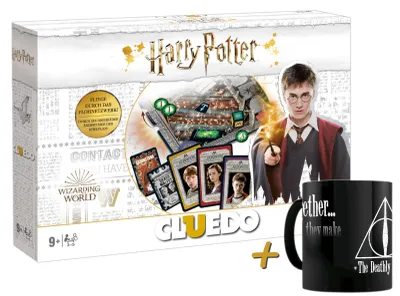 Produktbild von Cluedo Harry Potter Brettspiel Spiel + Zaubertasse Tasse "Deathly Hallows"