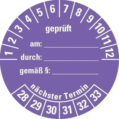 Produktbild von Dreifke® Prüfplakette  am: durch: ..28-33, violett, Dokumentenfolie, Ø...