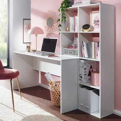 Zdjęcie produktu dla FineBuy Biurko z półką Białe 170x59x143,5 cm Biurko biurowe Nowoczesne biurko na laptopa z 6 półkami Biurko do domowego biura z miejscem do przechowywania