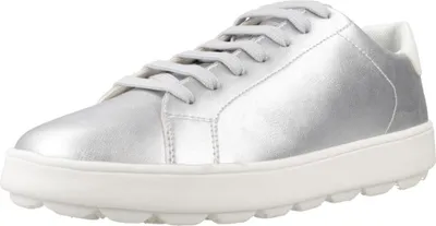 A single silver sneaker with white laces and a white sole is shown against a white background.