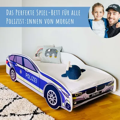 Image de Lit voiture 70x140 cm Lit de jeu pour enfants avec matelas, protection contre les chutes et sommier à lattes 140x70 cm Lit enfants police voiture