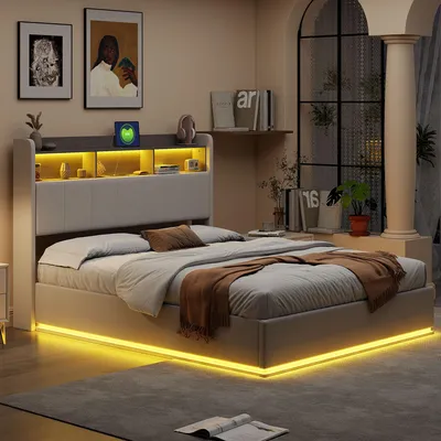 Image de Lit rembourré UnboxG 140×190 cm blanc en velours – lit double avec éclairage LED, tête de lit avec espace de rangement et fonction de recharge USB, lit moderne en tissu
