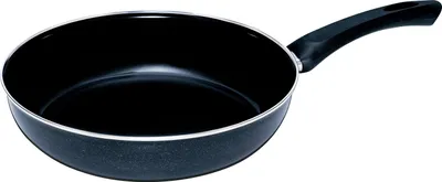A black frying pan with a black handle is shown against a white background.