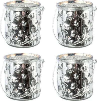 Produktbild von 4 er Set Glas Windlicht mit Sternmotiv und Henkel Silber