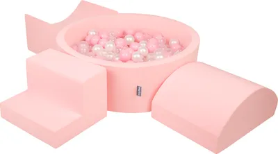 Produktbild von KiddyMoon spielplatz aus schaumstoff mit rund bällebad (300 bälle) ballgruben für babys spielbad hindernisläufen, hergestellt in der eu, pink:puderrosa/perle/transparent