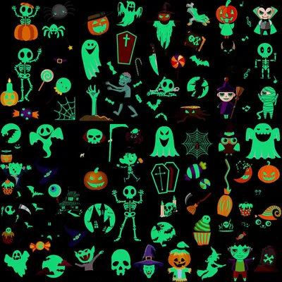 A collage of various Halloween-themed illustrations, including ghosts, skeletons, pumpkins, and spiders, all rendered in a glowing green style against a black background.