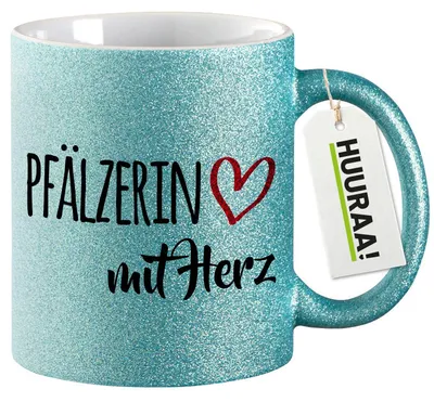 Produktbild von Huuraa Glitzertasse Pfälzerin mit Herz 330ml Blau Keramik Kaffeebecher Geschenkidee